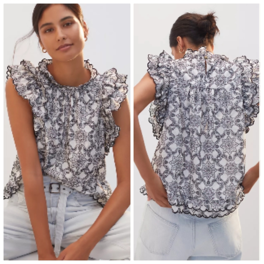 Anthroplogie Ruffled Lace Blouse Women's L Black White Shirt Top - Picture 16 of 16